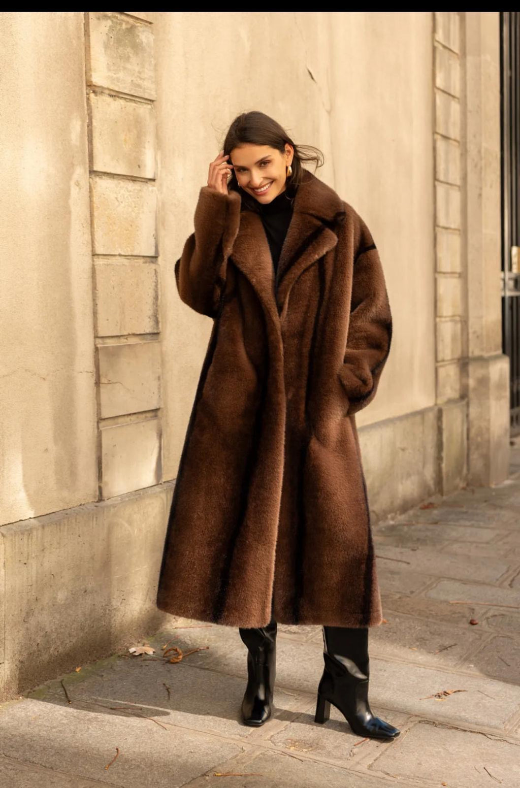 Manteau long effet fourrure